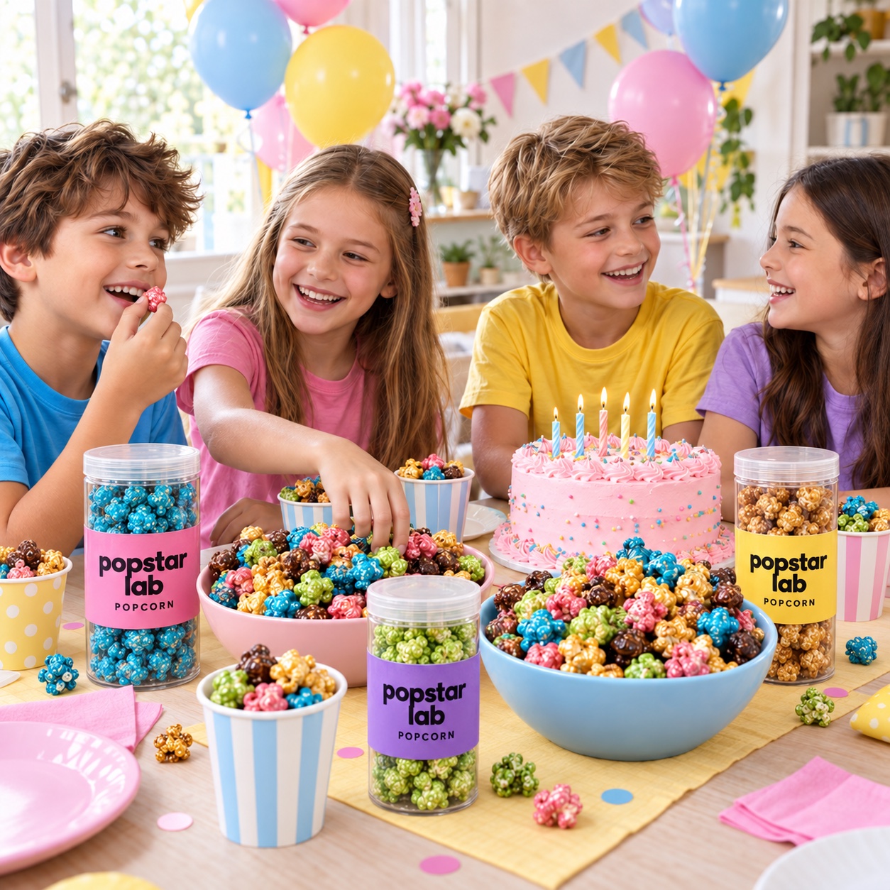 Vidám gyerekek színes popcornt esznek a születésnapi asztal körül, Popstar Lab látványdobozokkal